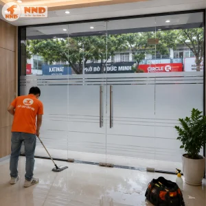 Mẫu decal mờ kẻ chỉ cho cửa kính mặt tiền giúp che tầm nhìn trực diện, đồng thời tạo hình ảnh chuyên nghiệp và hiện đại cho doanh nghiệp.