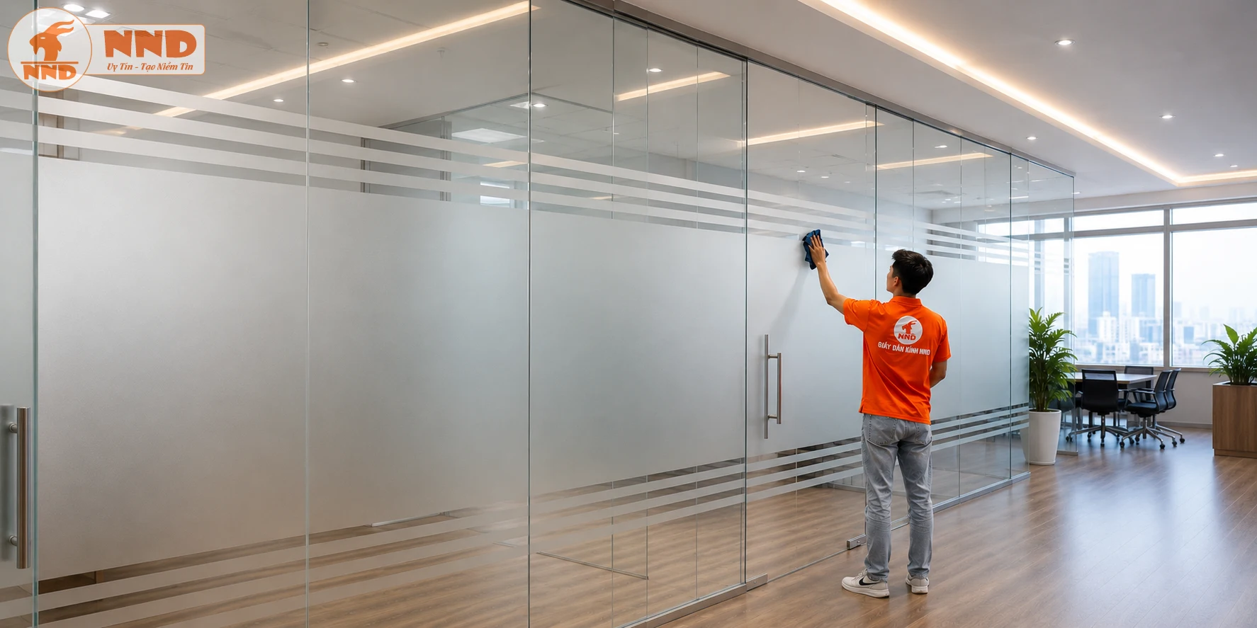 Mẫu decal mờ kẻ chỉ trên vách kính phòng họp được thiết kế cân đối với dải mờ rộng và các đường chỉ mảnh ở hai đầu. Thiết kế này giúp che tầm nhìn hiệu quả nhưng vẫn giữ được vẻ thanh lịch của hệ kính cường lực. Đây là giải pháp được nhiều doanh nghiệp lựa chọn để tăng tính riêng tư mà không cần xây tường kín.
