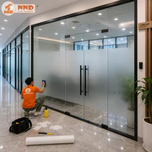 Ứng dụng decal dán kính mờ cho phòng họp, giúp đảm bảo riêng tư nhưng vẫn mang lại cảm giác thông thoáng.