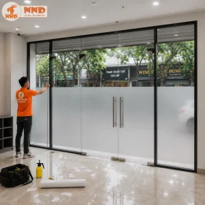 Decal kính mờ dán cửa kính mặt tiền, che tầm nhìn hiệu quả mà vẫn tận dụng tối đa ánh sáng ban ngày.