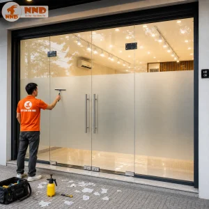 Thi công decal mờ cho cửa kính showroom, tạo sự riêng tư, sang trọng và nâng cao tính thẩm mỹ không gian.