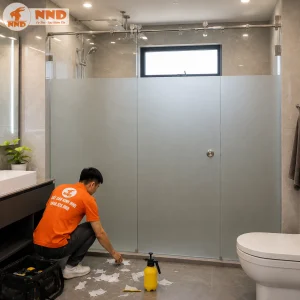 Thi công decal dán kính mờ trơn cho vách kính cong, tạo không gian riêng tư mà vẫn giữ ánh sáng tự nhiên.