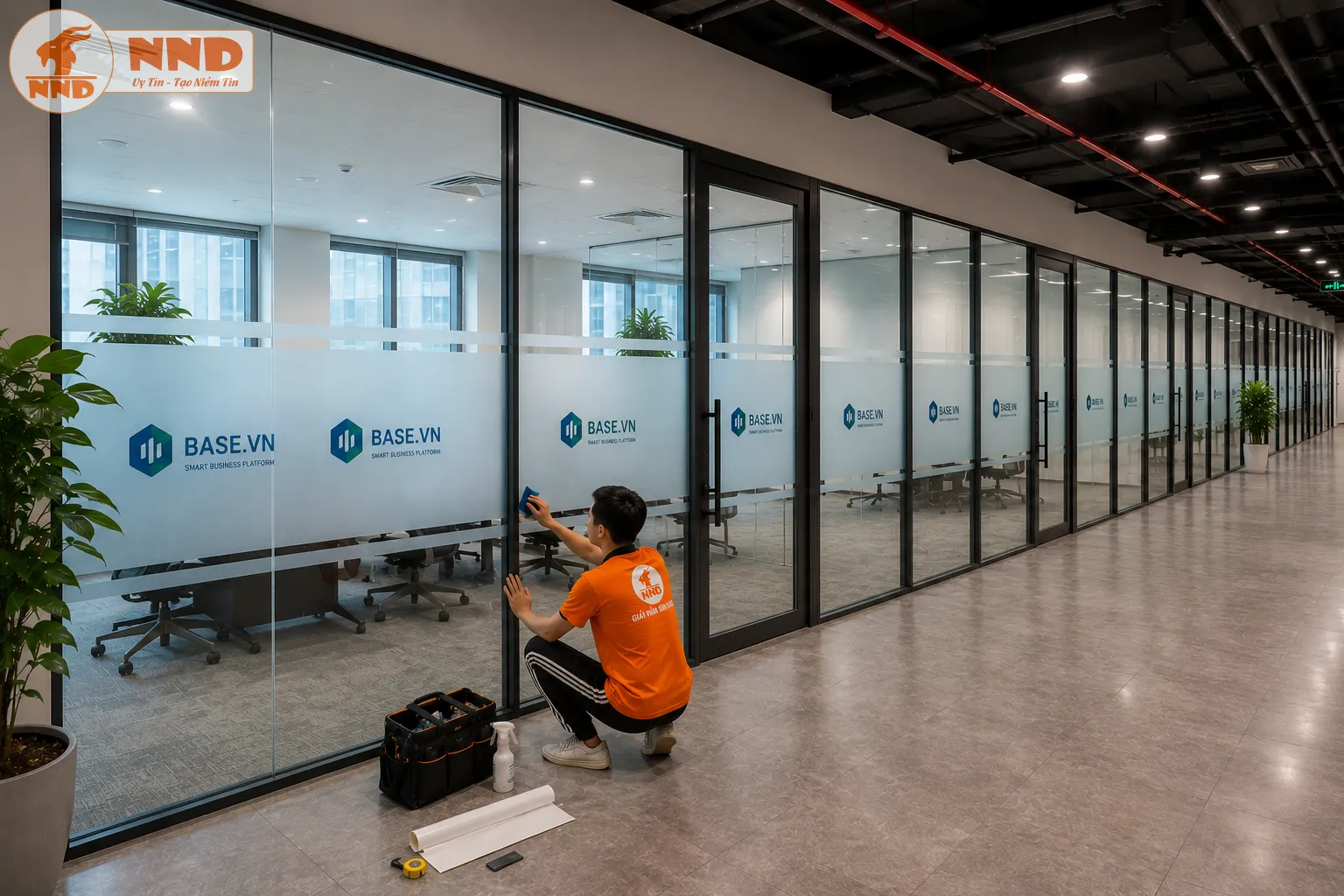 Thi công decal mờ văn phòng in logo Base.vn trên hệ kính cường lực. Logo nổi bật trên nền mờ giúp tăng khả năng nhận diện thương hiệu và tạo không gian làm việc hiện đại.