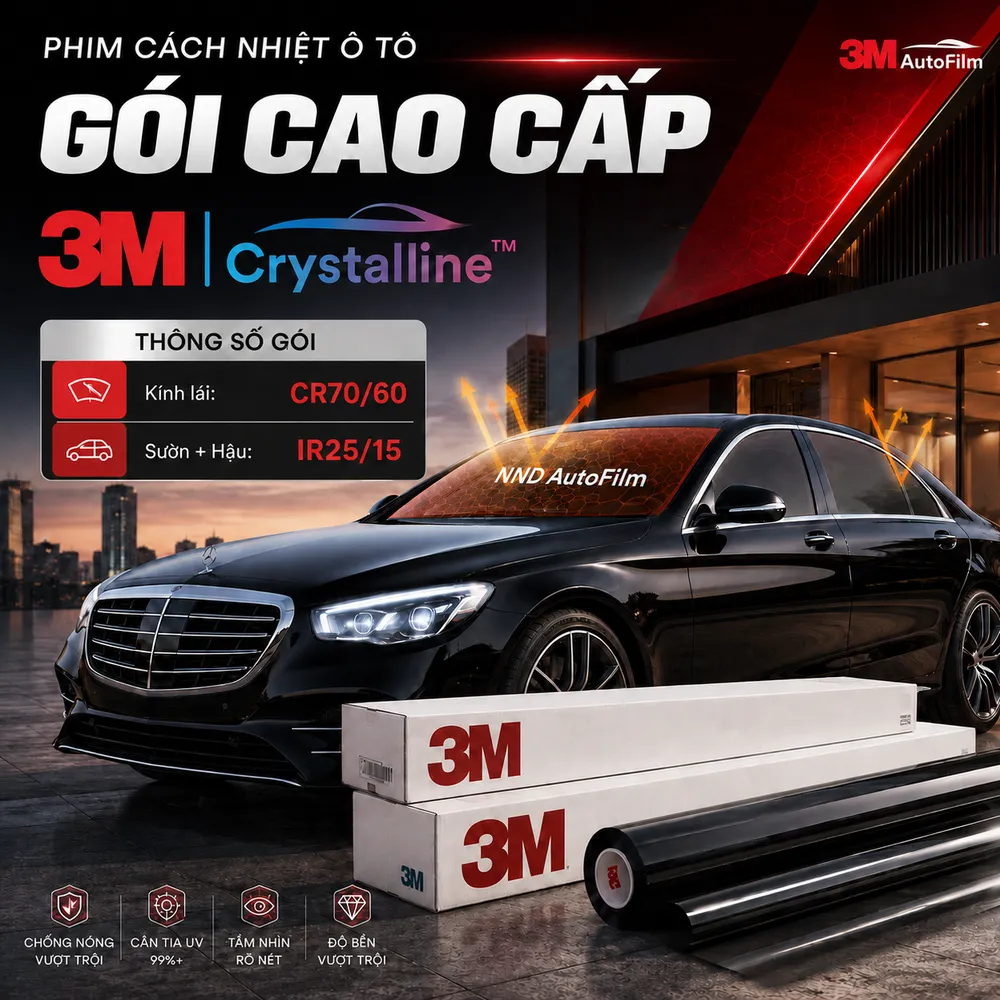 Gói Cao Cấp: Phim cách nhiệt ô tô 3M Crystalline sử dụng kính lái CR70/60 kết hợp kính sườn và kính hậu IR25/15, cân bằng giữa khả năng chống nóng và tầm nhìn.