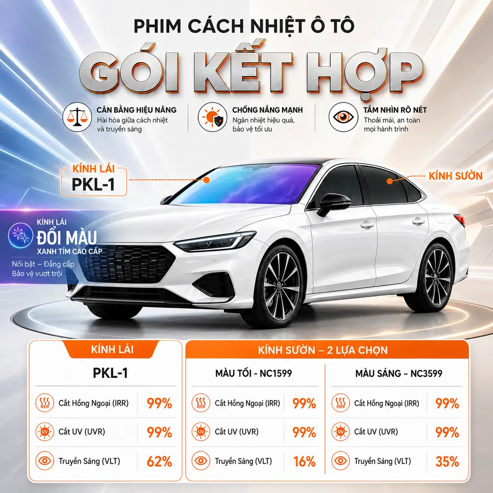 Phim cách nhiệt ô tô gói Kết Hợp, kính lái đổi màu xanh tím kết hợp kính sườn chống nóng cao cấp.