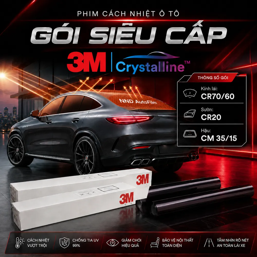 Gói Siêu Cấp: Phim cách nhiệt ô tô 3M Crystalline gồm kính lái CR70/60, kính sườn CR20 và kính hậu CM35/15, mang lại khả năng bảo vệ toàn diện cho từng vị trí kính.