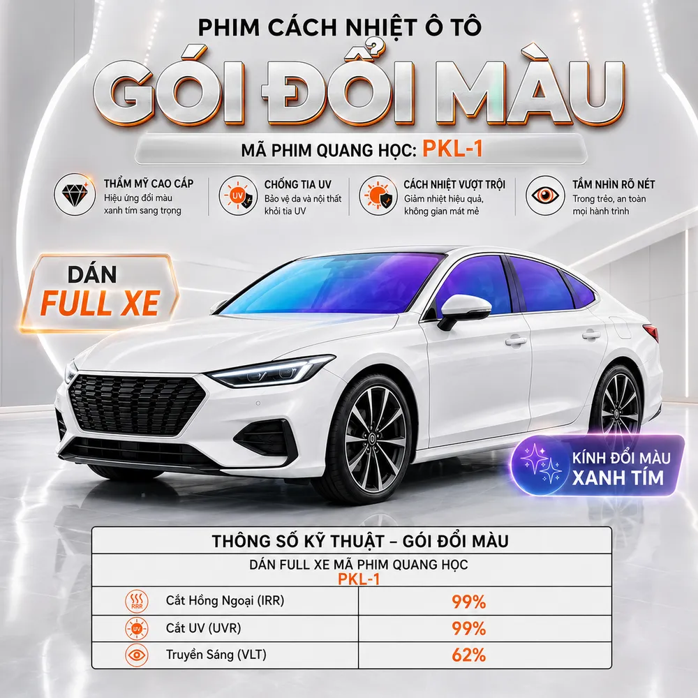Phim cách nhiệt ô tô gói Đổi Màu, dán full xe bằng phim quang học PKL-1 màu xanh tím nổi bật.