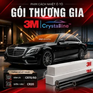 Gói Thương Gia: Phim cách nhiệt ô tô 3M Crystalline sử dụng kính lái CR70/60, kính sườn và kính hậu CR20, dành cho khách hàng ưu tiên trải nghiệm cao cấp và sự riêng tư.