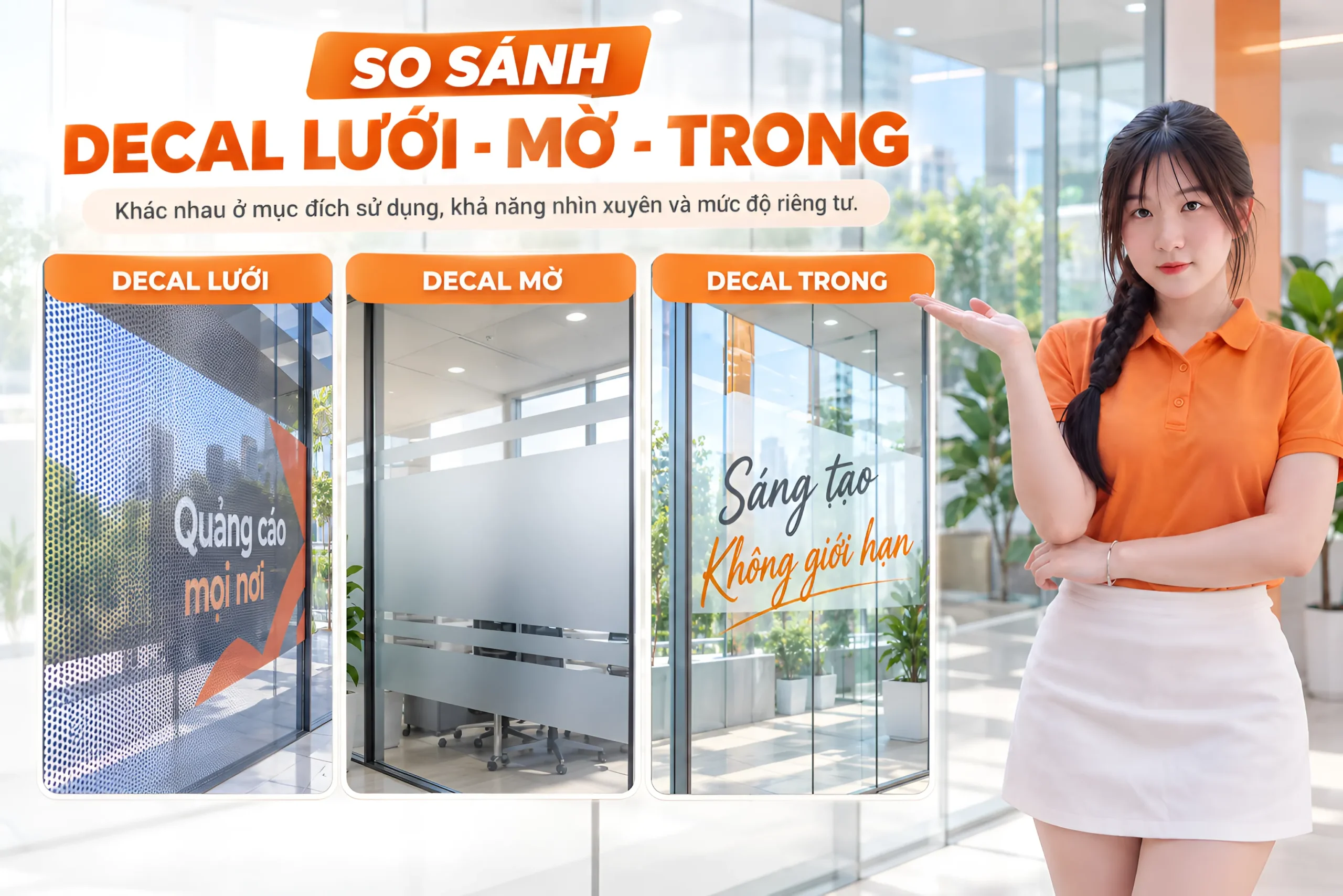 So sánh decal lưới decal mờ và decal trong theo khả năng nhìn xuyên và riêng tư