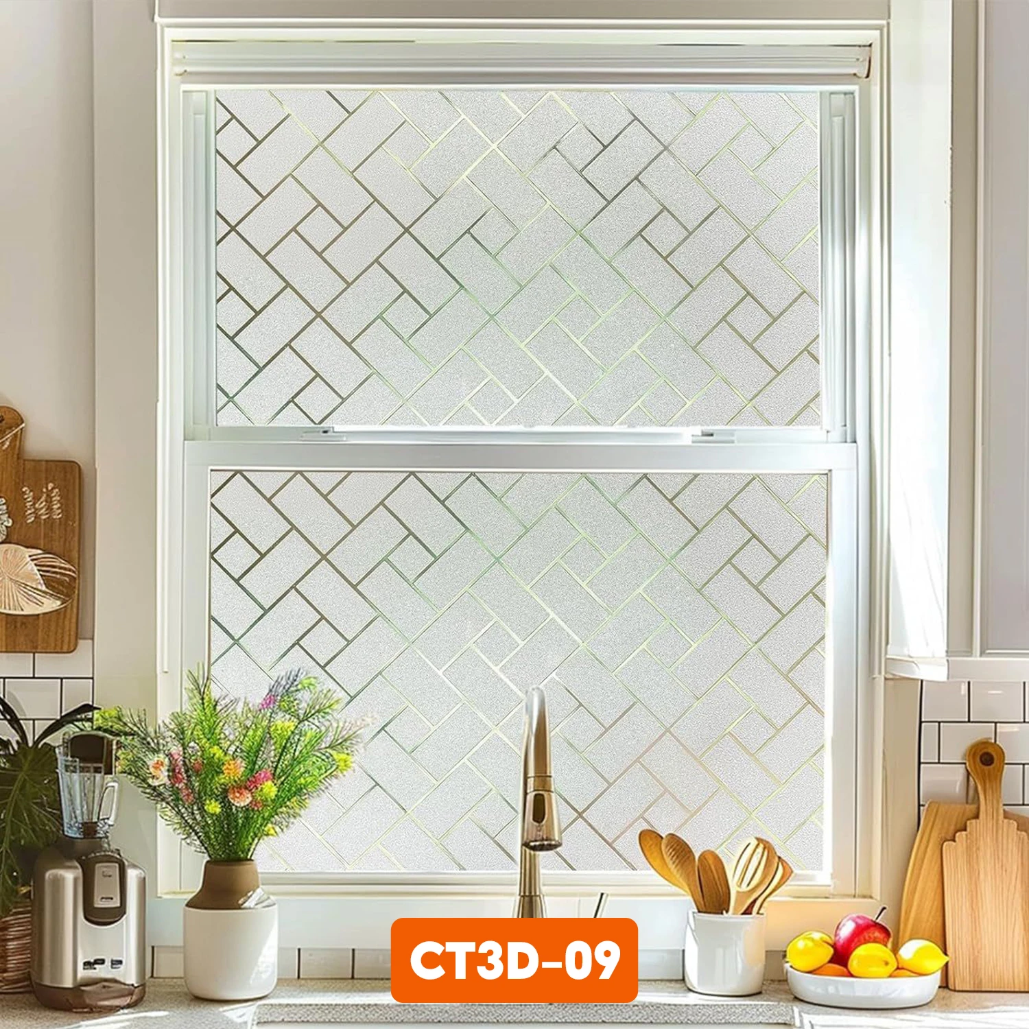 Sáng bừng căn bếp nhỏ. Một chút thay đổi với decal CT3D-09 cho cửa sổ bồn rửa bát giúp việc nội trợ mỗi ngày thêm phần hứng khởi.