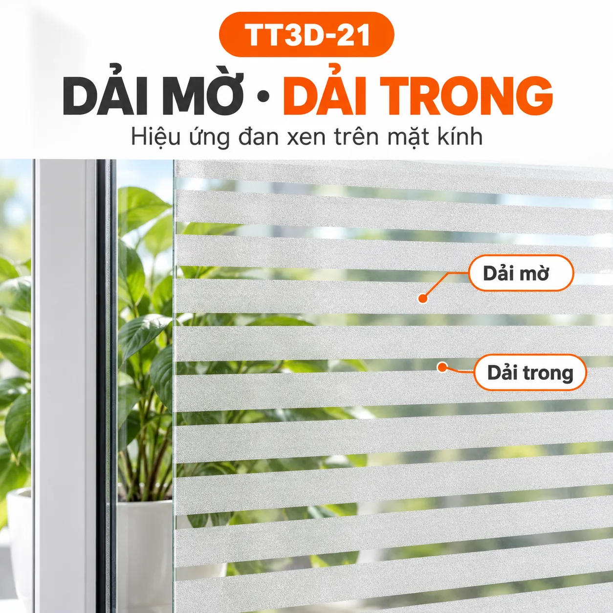 Dải mờ xen dải trong của decal TT3D-21 (1) Decal dán kính trang trí TT3D-21 với dải mờ ngang rộng xen dải trong hẹp