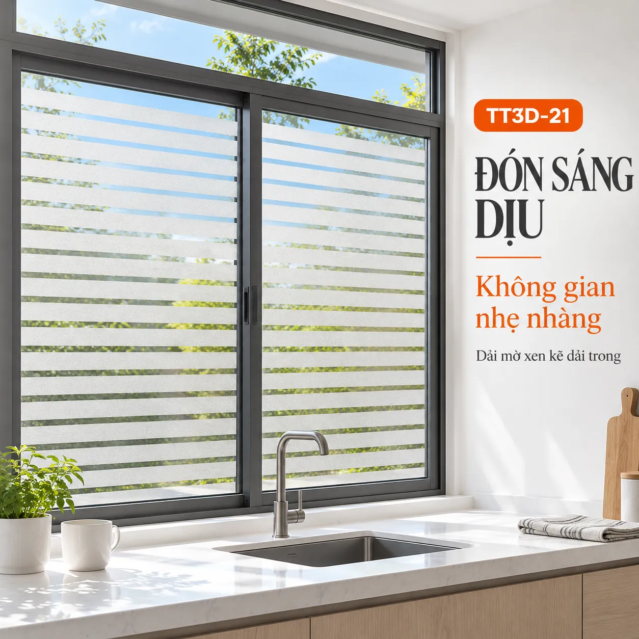 Decal TT3D-21 trang trí cửa sổ khu bếp (2) Cửa sổ khung xám cạnh bồn rửa dán decal TT3D-21 sọc ngang trắng mờ