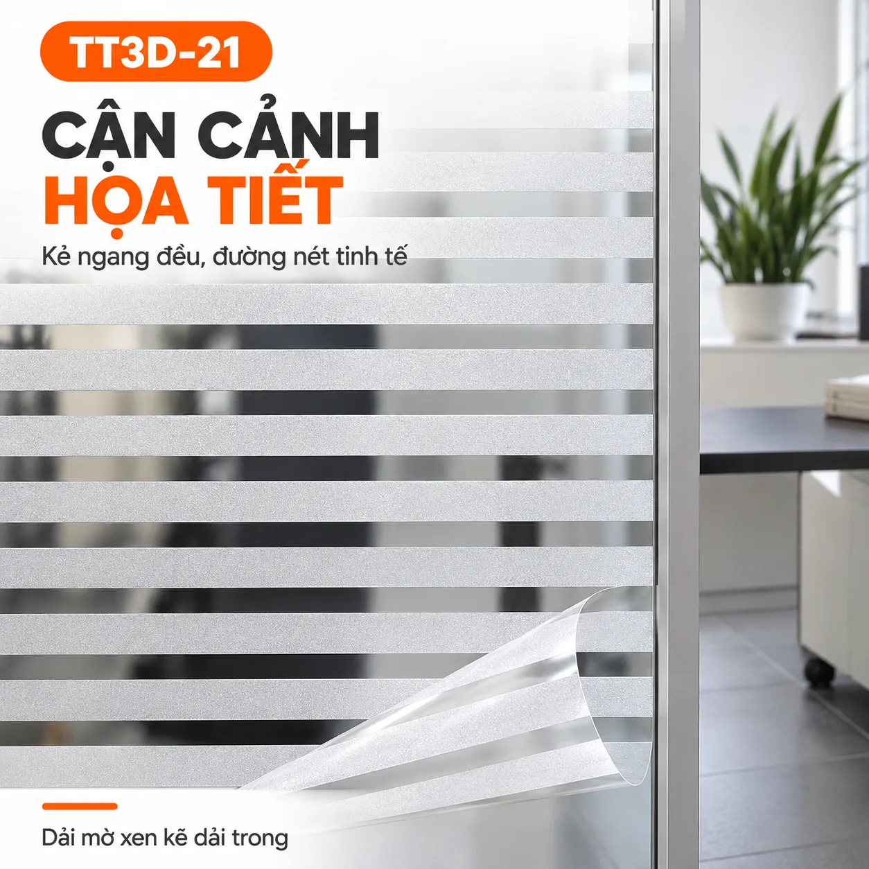 Cận cảnh tấm decal sọc ngang TT3D-21 (3) Cận cảnh decal TT3D-21 có các sọc mờ ngang đều và góc tấm được nhấc lên