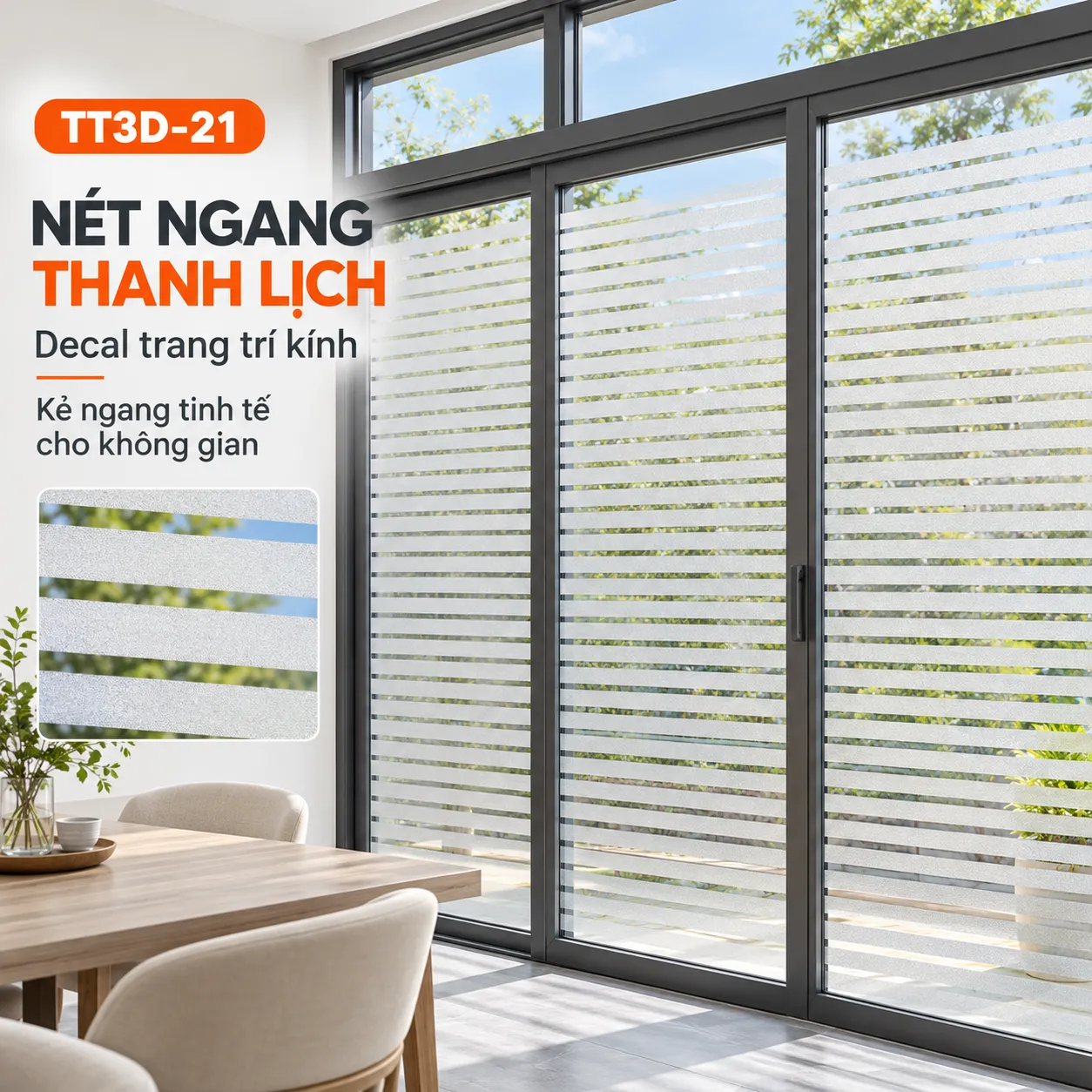Decal dán kính sọc ngang TT3D-21 trên hệ cửa lớn (4) Hệ cửa kính khung xám dán decal dán kính sọc ngang TT3D-21 cạnh bàn ăn
