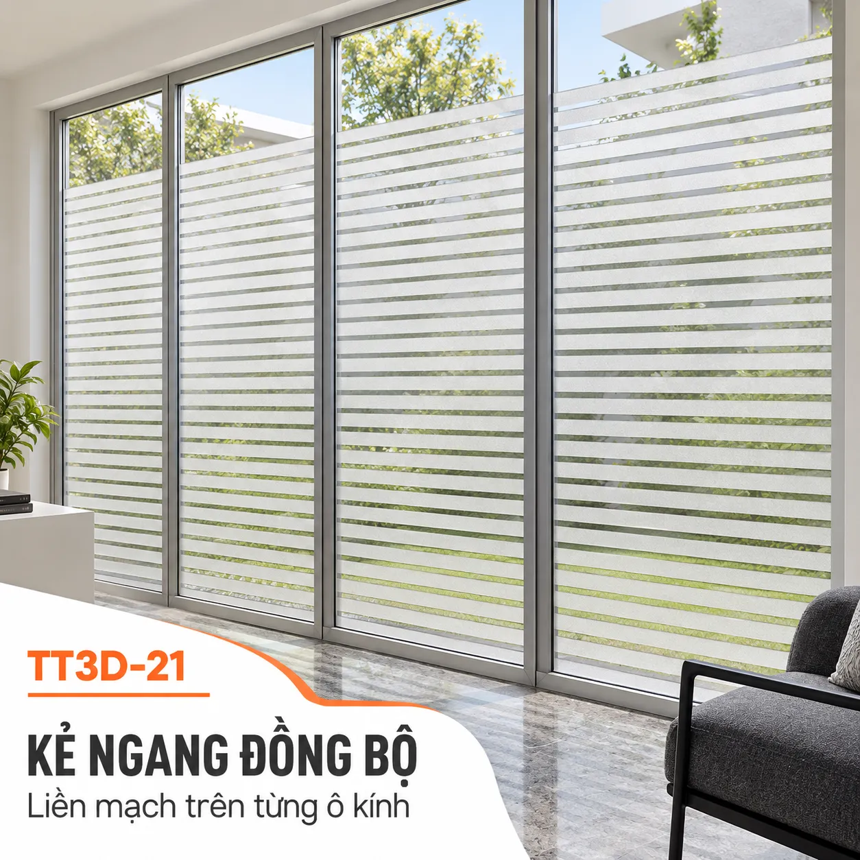 Sọc ngang TT3D-21 đồng bộ trên nhiều ô kính (7) Hệ kính nhiều ô dán TT3D-21 với các đường sọc ngang cùng cao độ