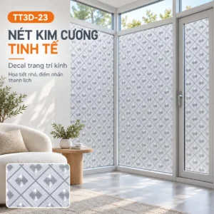 Decal dán kính 3D TT3D-23 hoa văn kim cương ánh bạc trên hệ cửa góc phòng, kèm ô phóng to họa tiết