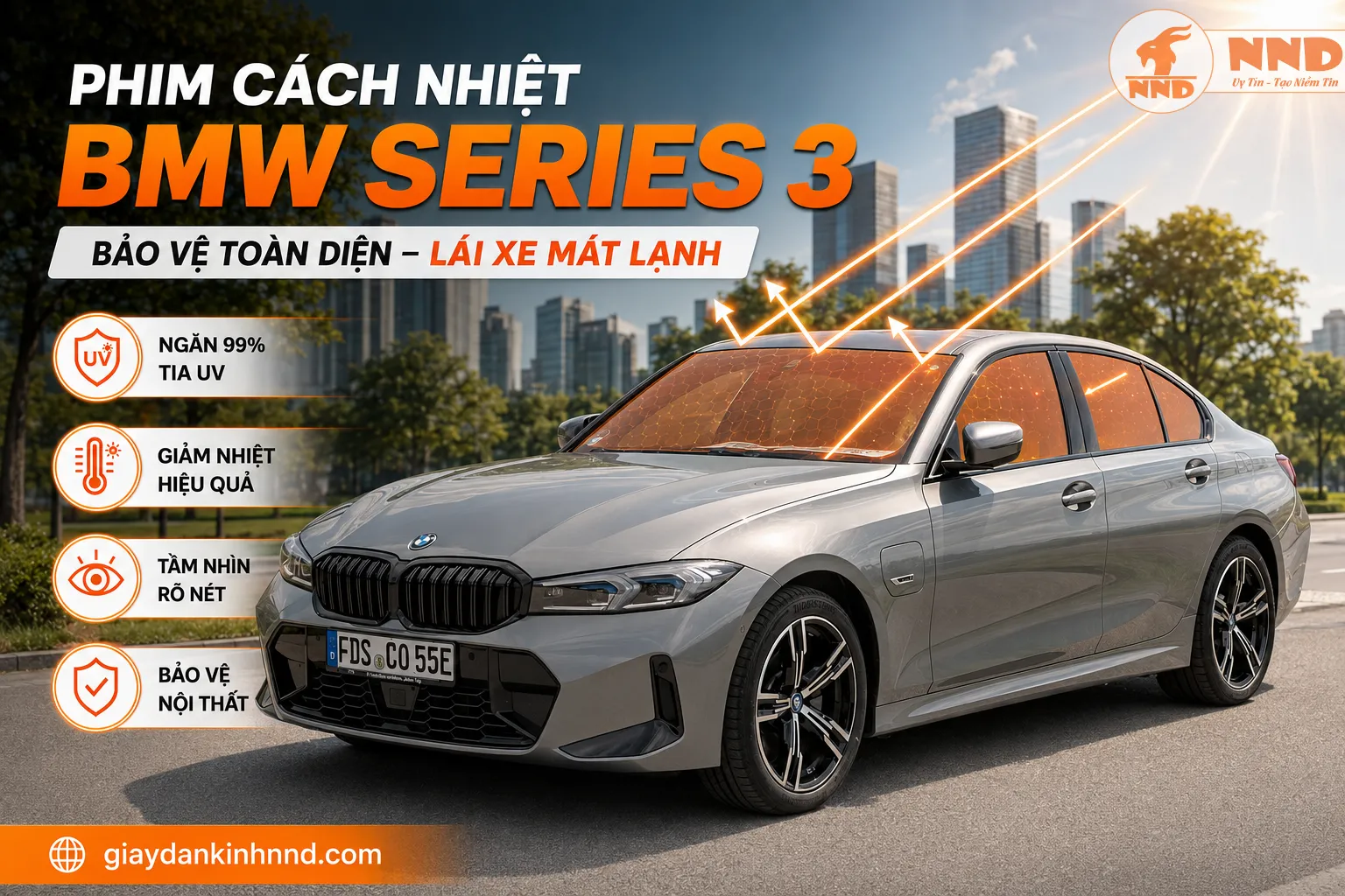Phim cách nhiệt BMW Series 3 giúp giảm sức nóng qua kính, bảo vệ nội thất sang trọng và duy trì tầm nhìn rõ nét cho người lái.