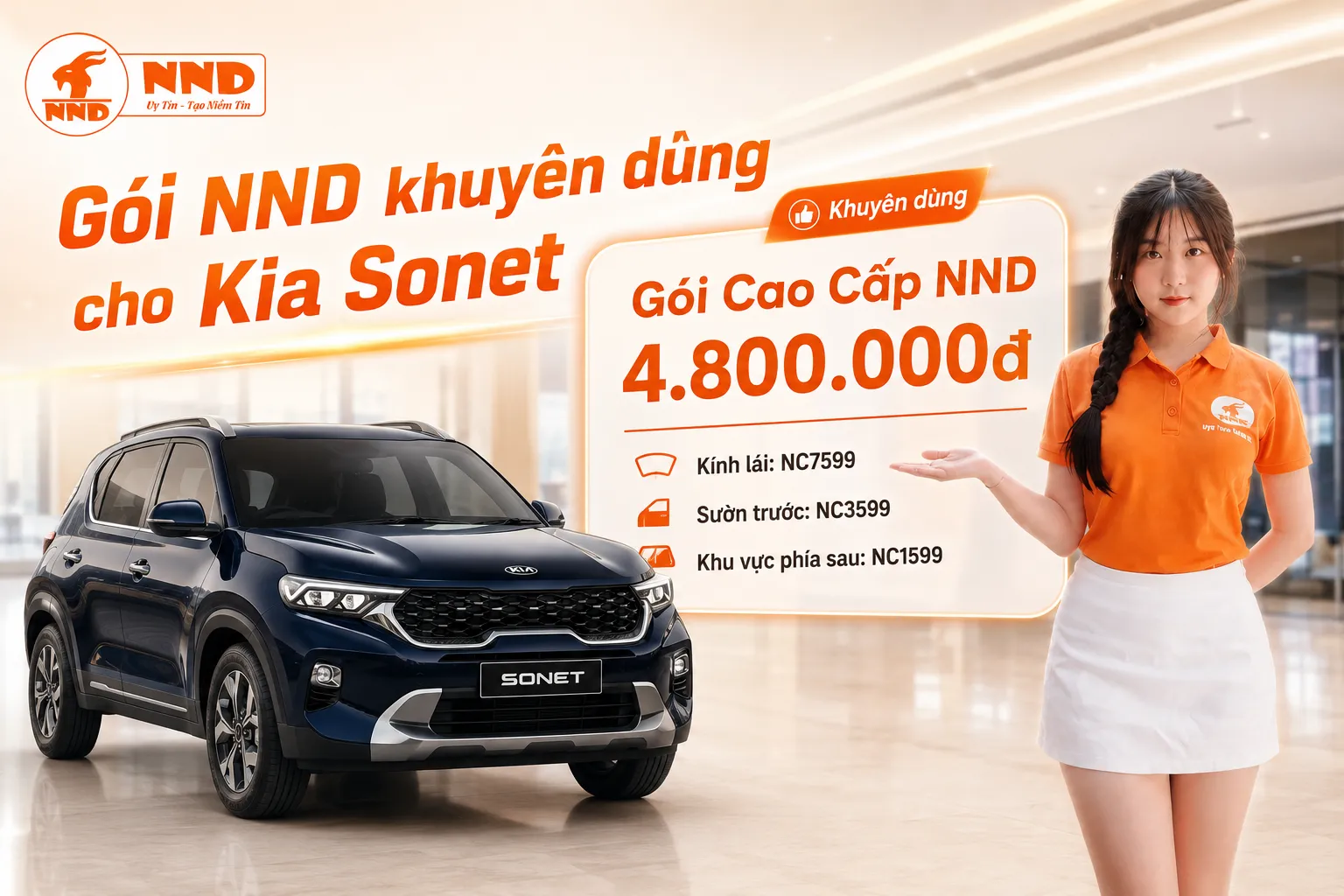 Gói phim cách nhiệt NND khuyên dùng cho Kia Sonet với cấu hình cao cấp, chia riêng mã phim cho kính lái, sườn trước và kính sau.