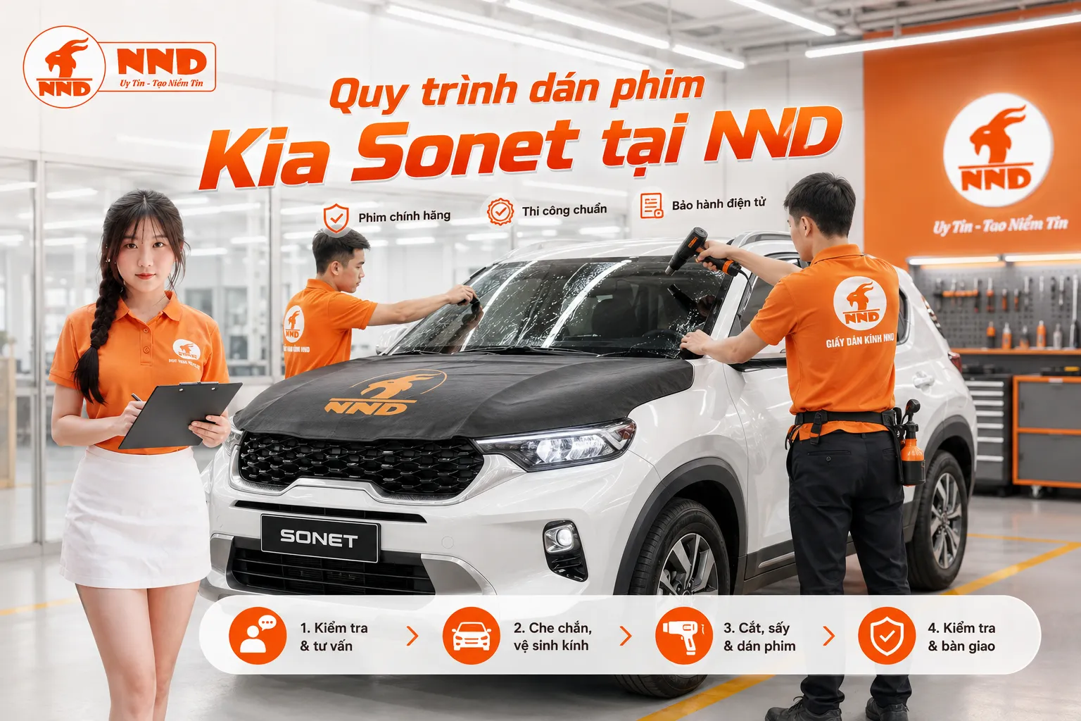 Quy trình dán phim cách nhiệt Kia Sonet tại NND gồm kiểm tra tư vấn, vệ sinh kính, cắt sấy dán phim và bàn giao xe.