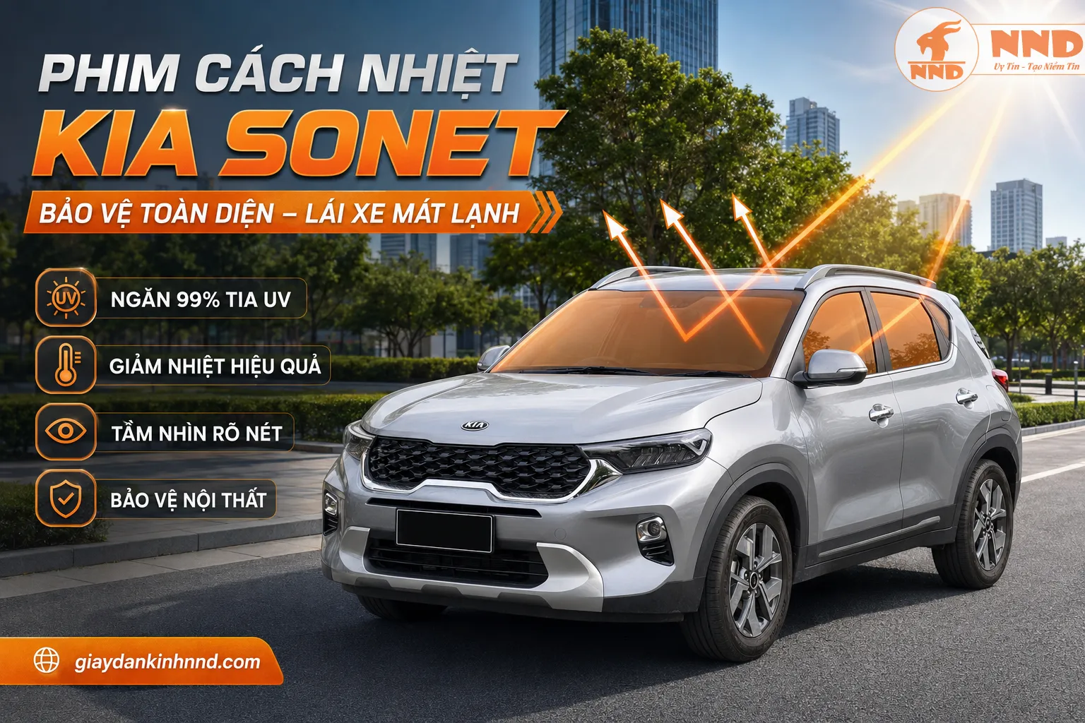 Phim cách nhiệt Kia Sonet giúp hạn chế hấp thụ nhiệt, ngăn tia UV và giữ khoang nội thất mát mẻ khi sử dụng xe hằng ngày.