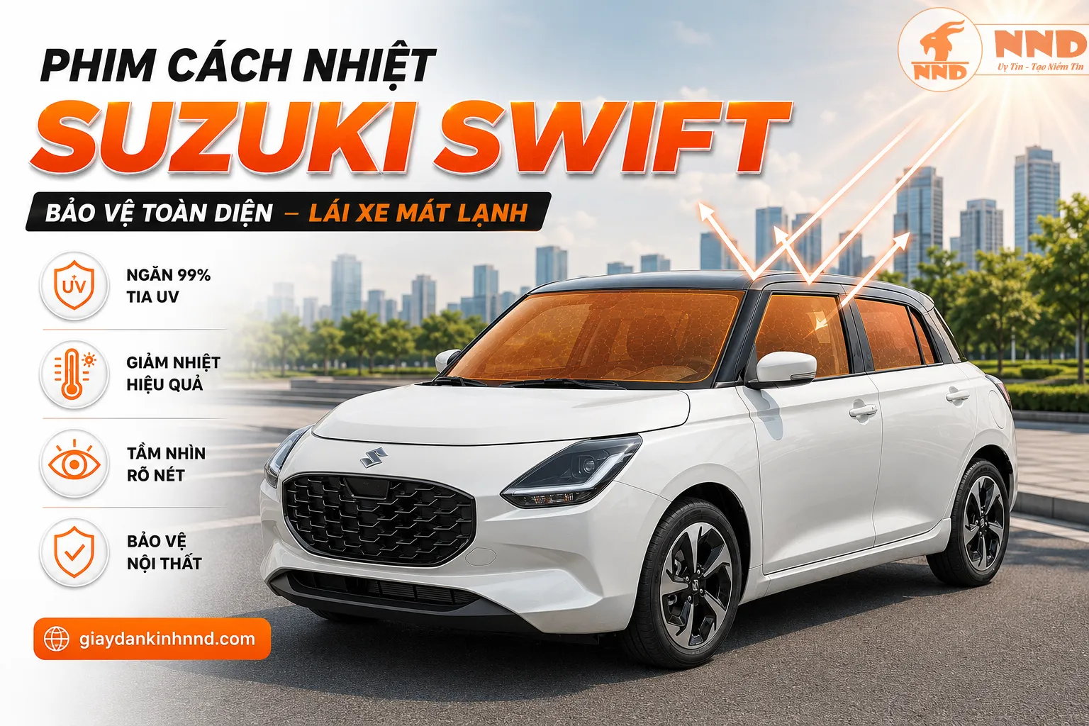 Phim cách nhiệt Suzuki Swift hỗ trợ giảm nóng cho khoang xe nhỏ, chống chói và bảo vệ nội thất trước tác động của ánh nắng.