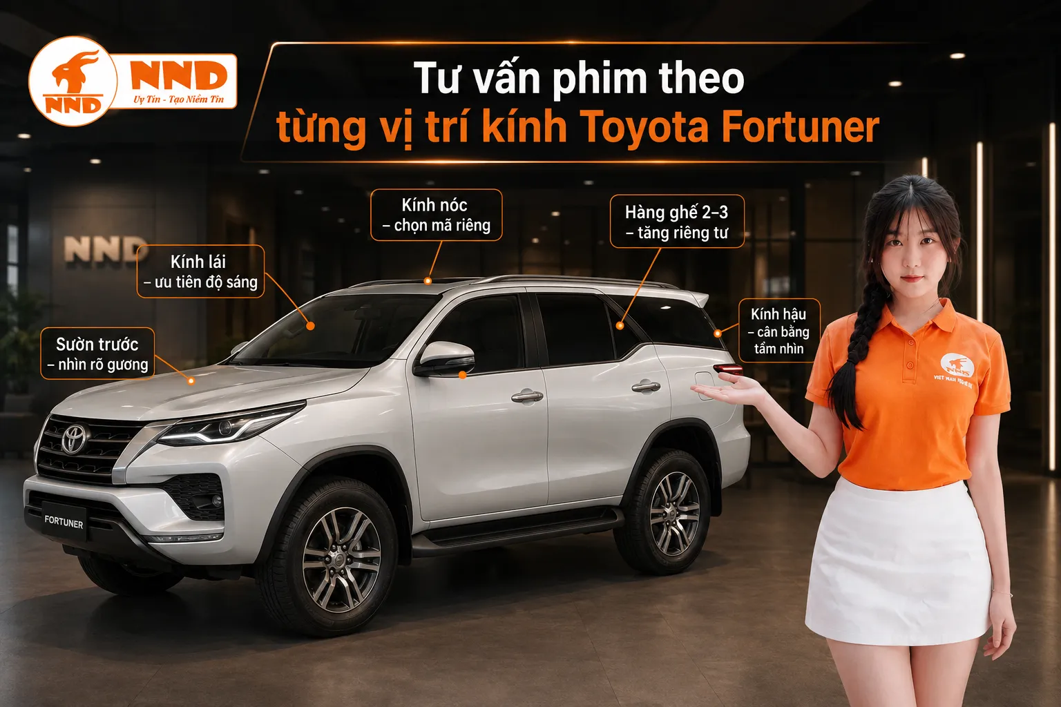 Phim cách nhiệt Toyota Fortuner nên dùng kính lái sáng rõ, kính sườn trước dễ quan sát gương, còn kính sườn sau và kính hậu có thể tối hơn để tăng riêng tư.