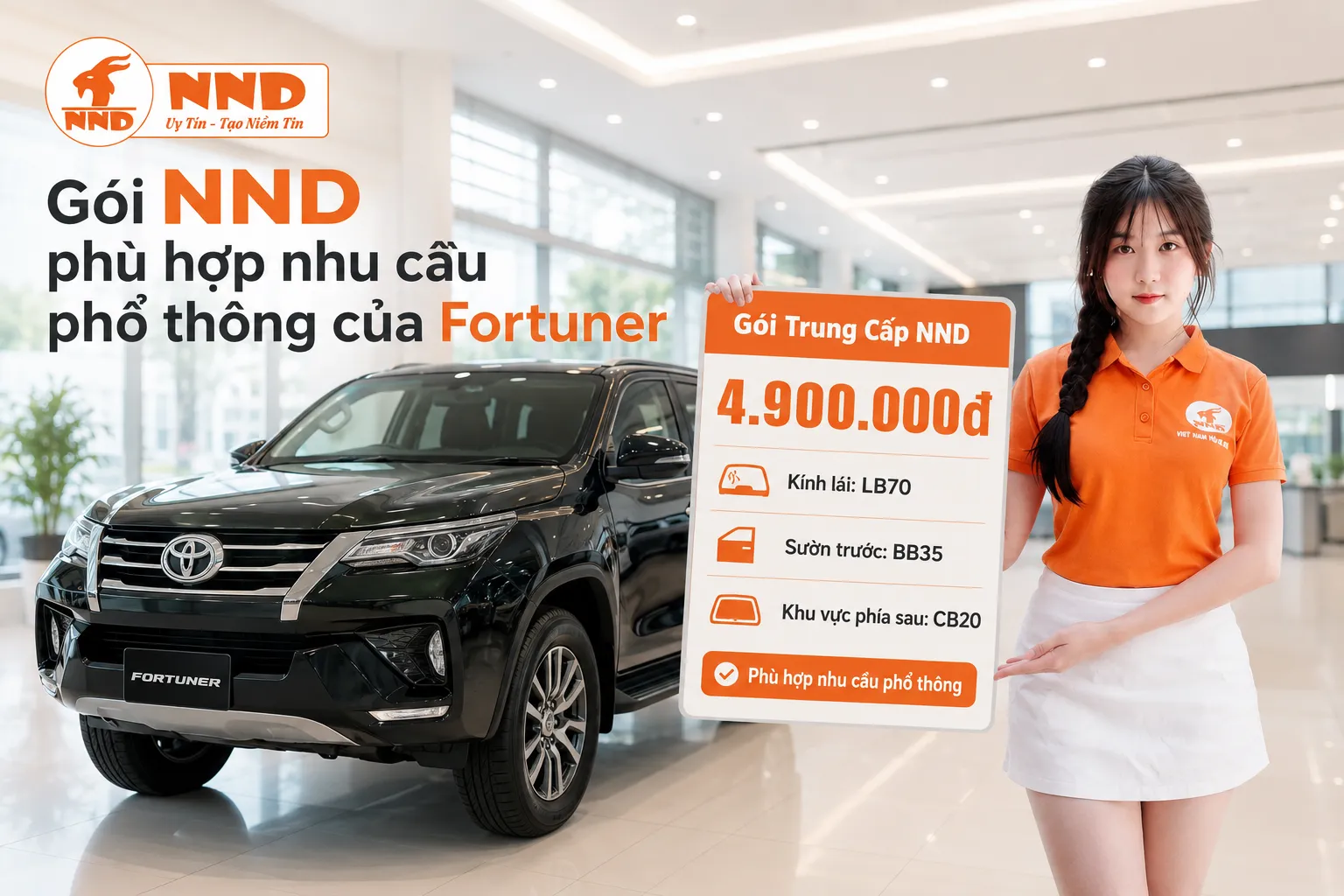 Phim cách nhiệt Toyota Fortuner với gói Trung Cấp NND 4.900.000đ sử dụng LB70 cho kính lái, BB35 ở sườn trước và CB20 cho khu vực phía sau.