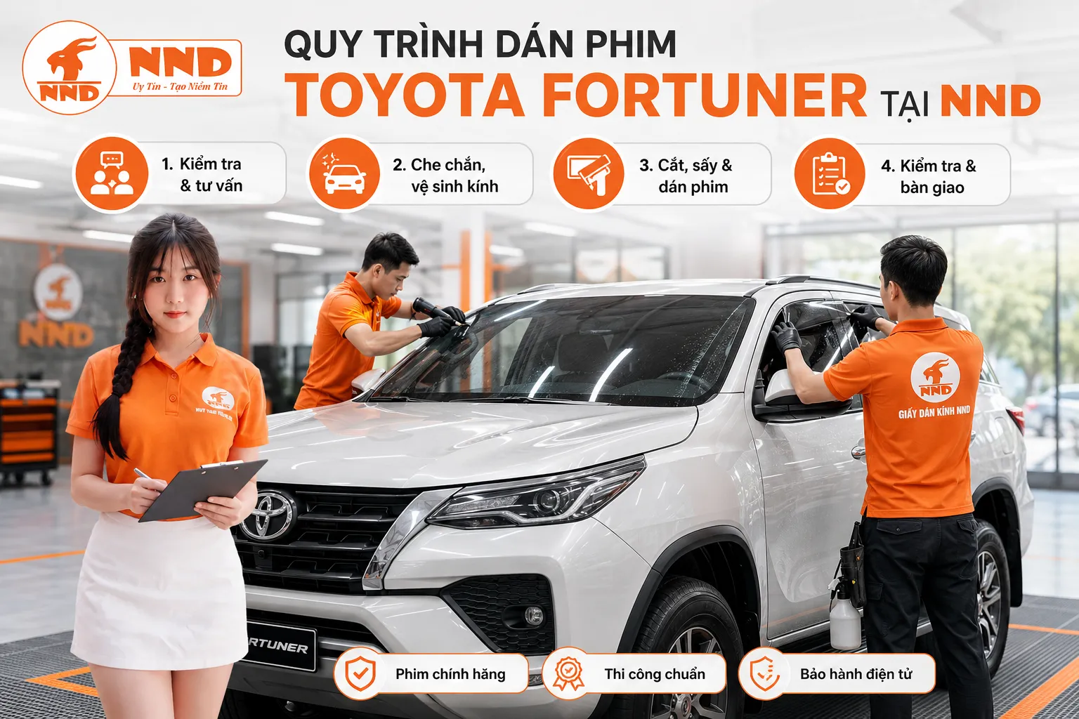 Quy trình dán phim cách nhiệt Toyota Fortuner tại NND gồm kiểm tra nhu cầu, che chắn và vệ sinh kính, cắt sấy dán phim, sau đó kiểm tra và bàn giao xe.