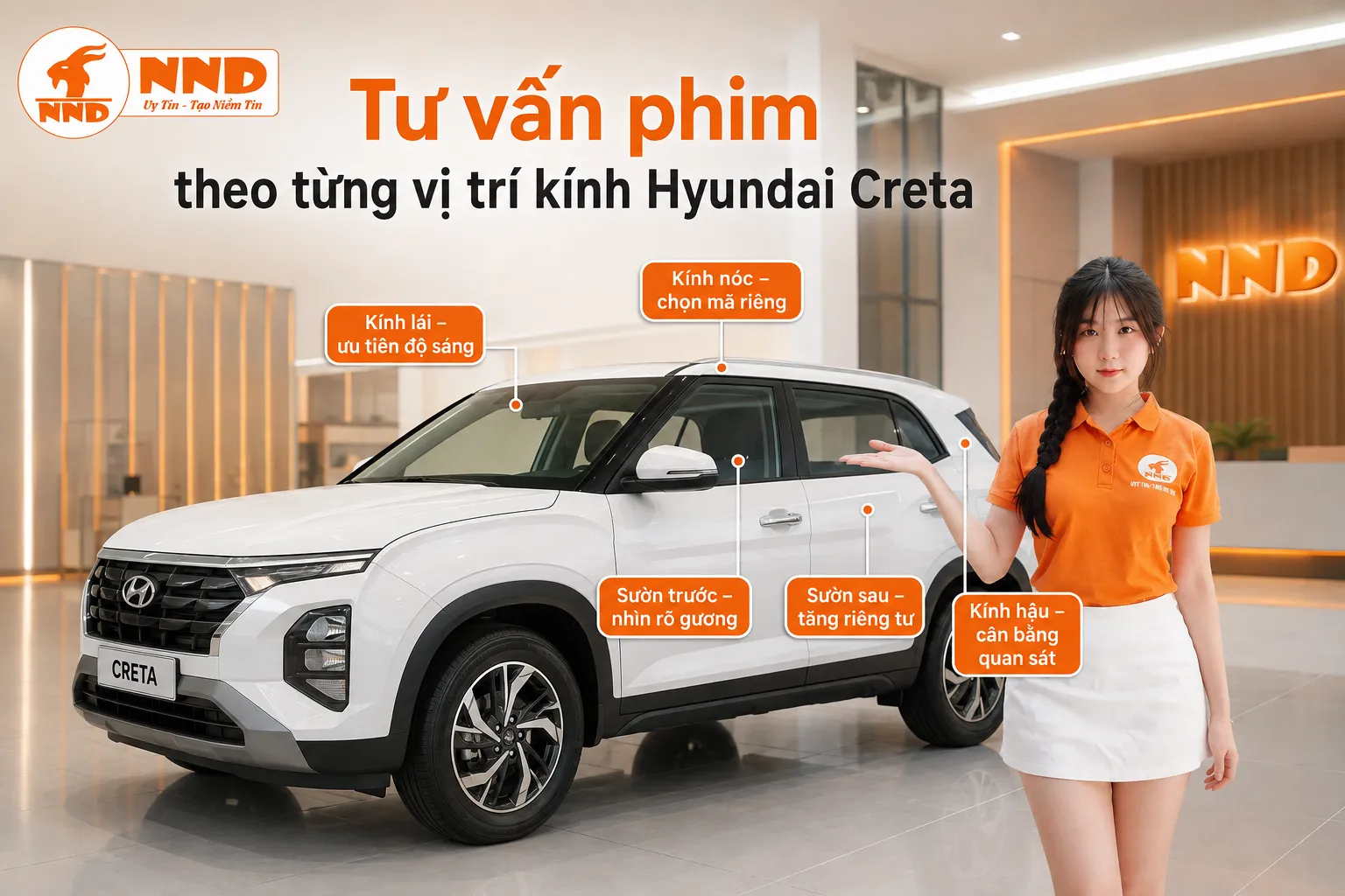 Phim cách nhiệt Hyundai Creta nên ưu tiên kính lái sáng, sườn trước nhìn rõ gương, kính phía sau tăng riêng tư và kính hậu không quá tối khi lùi xe.