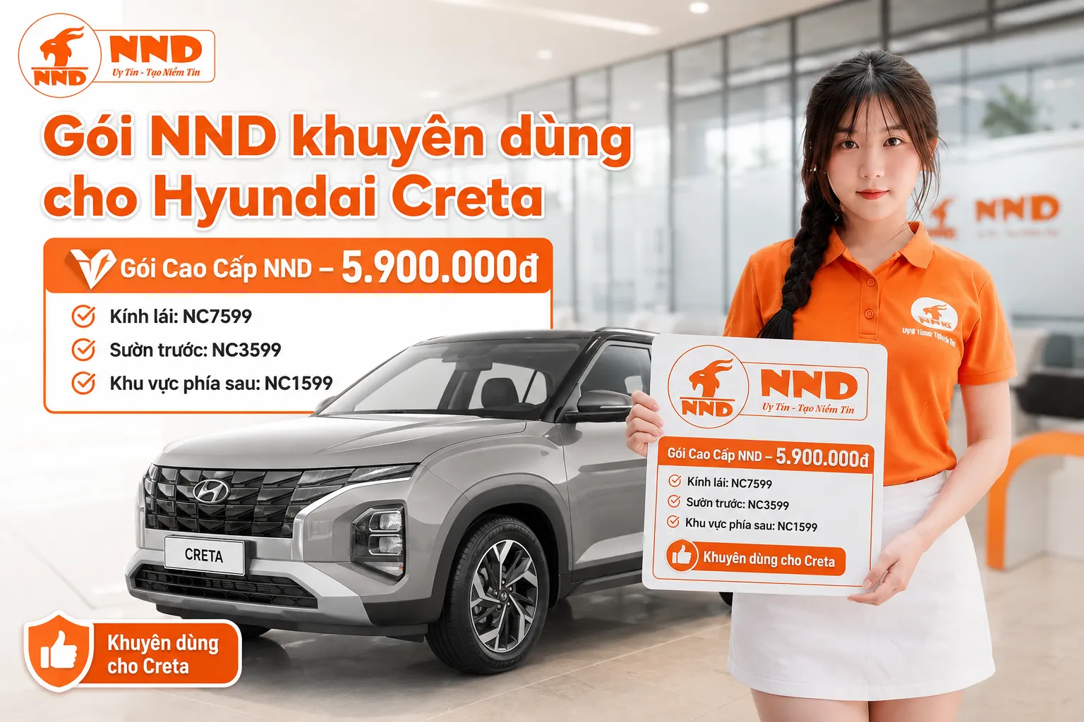 Phim cách nhiệt Hyundai Creta với gói Cao Cấp NND 5.900.000đ sử dụng NC7599 cho kính lái, NC3599 ở sườn trước và NC1599 cho khu vực phía sau.