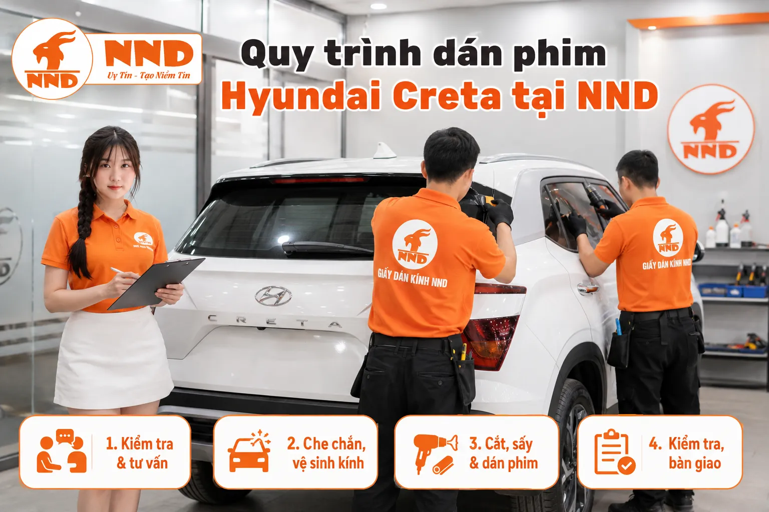 Quy trình dán phim cách nhiệt Hyundai Creta tại NND gồm kiểm tra kính và nhu cầu, che chắn nội thất, vệ sinh và dán phim, sau đó kiểm tra tầm nhìn và bàn giao.