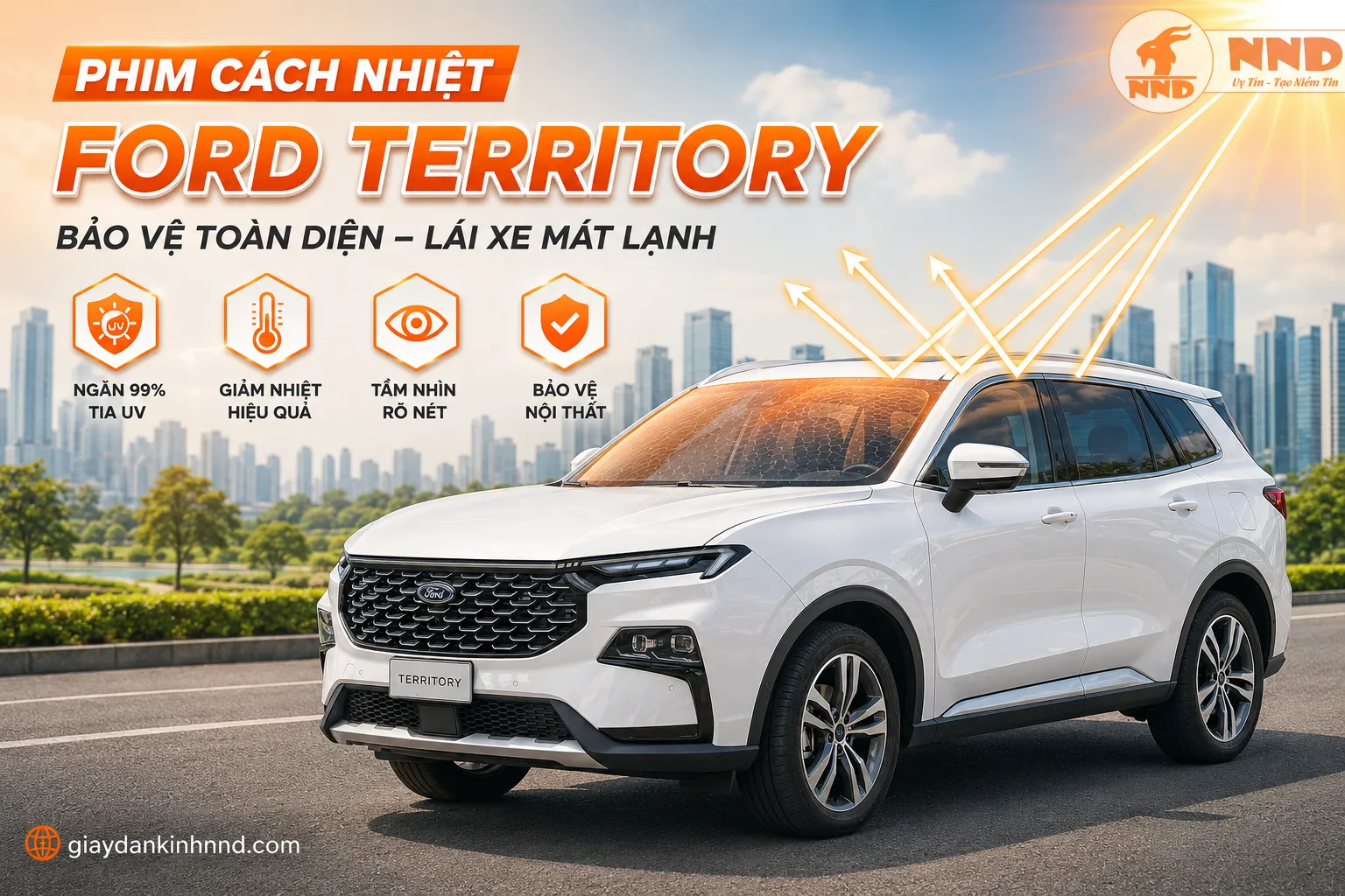 Phim cách nhiệt Ford Territory giúp kiểm soát nhiệt lượng qua kính, giảm chói và giữ khoang SUV luôn mát mẻ, dễ chịu.
