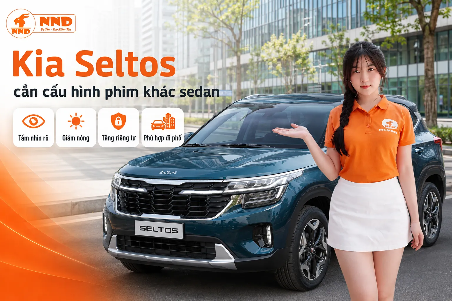 Phim cách nhiệt Kia Seltos giúp giảm nóng cho khoang SUV đô thị, hạn chế tia UV, tăng sự riêng tư và duy trì tầm nhìn khi xe thường xuyên đi phố.