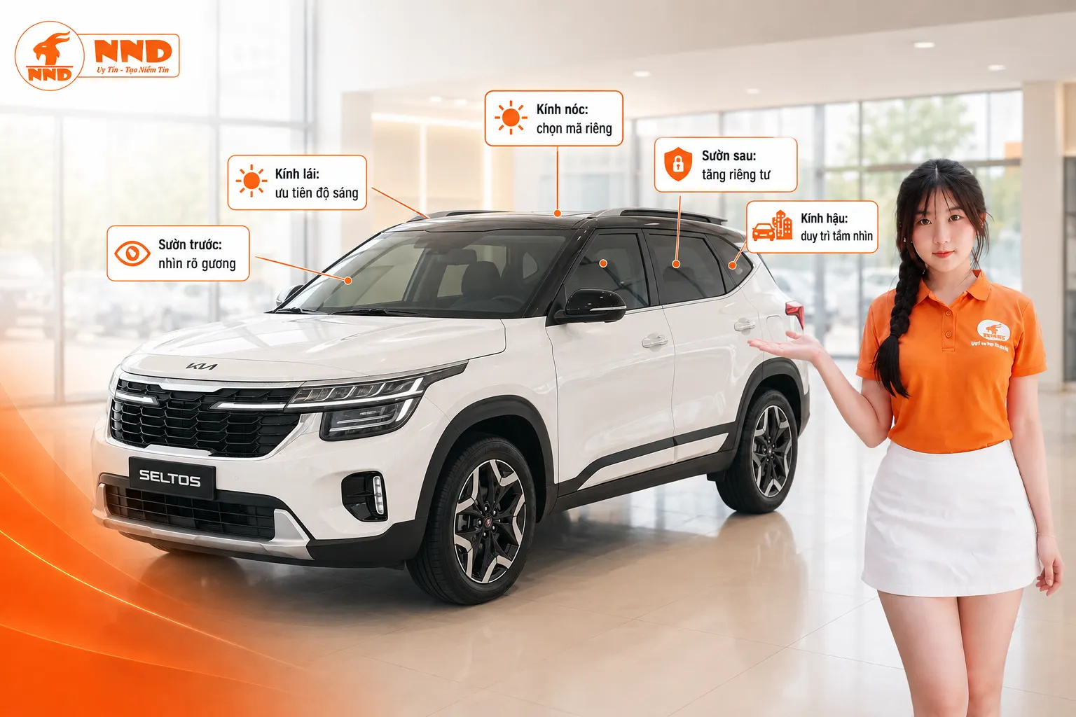 Phim cách nhiệt Kia Seltos nên dùng kính lái sáng rõ, kính sườn trước dễ quan sát gương, còn kính sườn sau và kính hậu có thể tối hơn theo nhu cầu riêng tư.