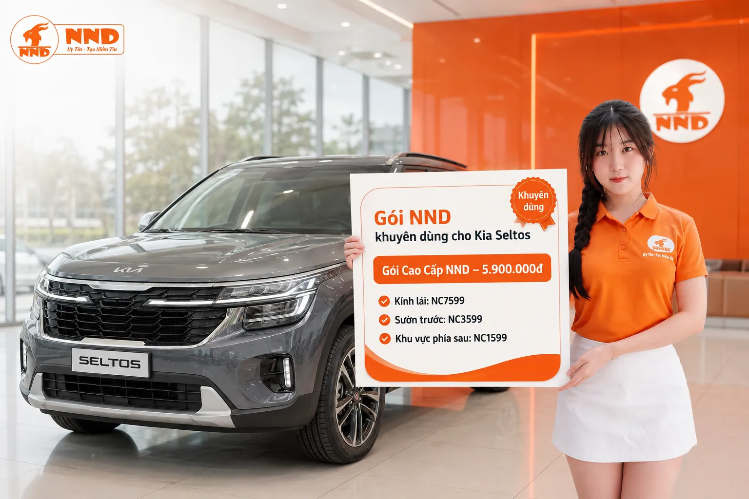 Phim cách nhiệt Kia Seltos với gói Cao Cấp NND 5.900.000đ sử dụng NC7599 cho kính lái, NC3599 ở sườn trước và NC1599 cho khu vực phía sau.
