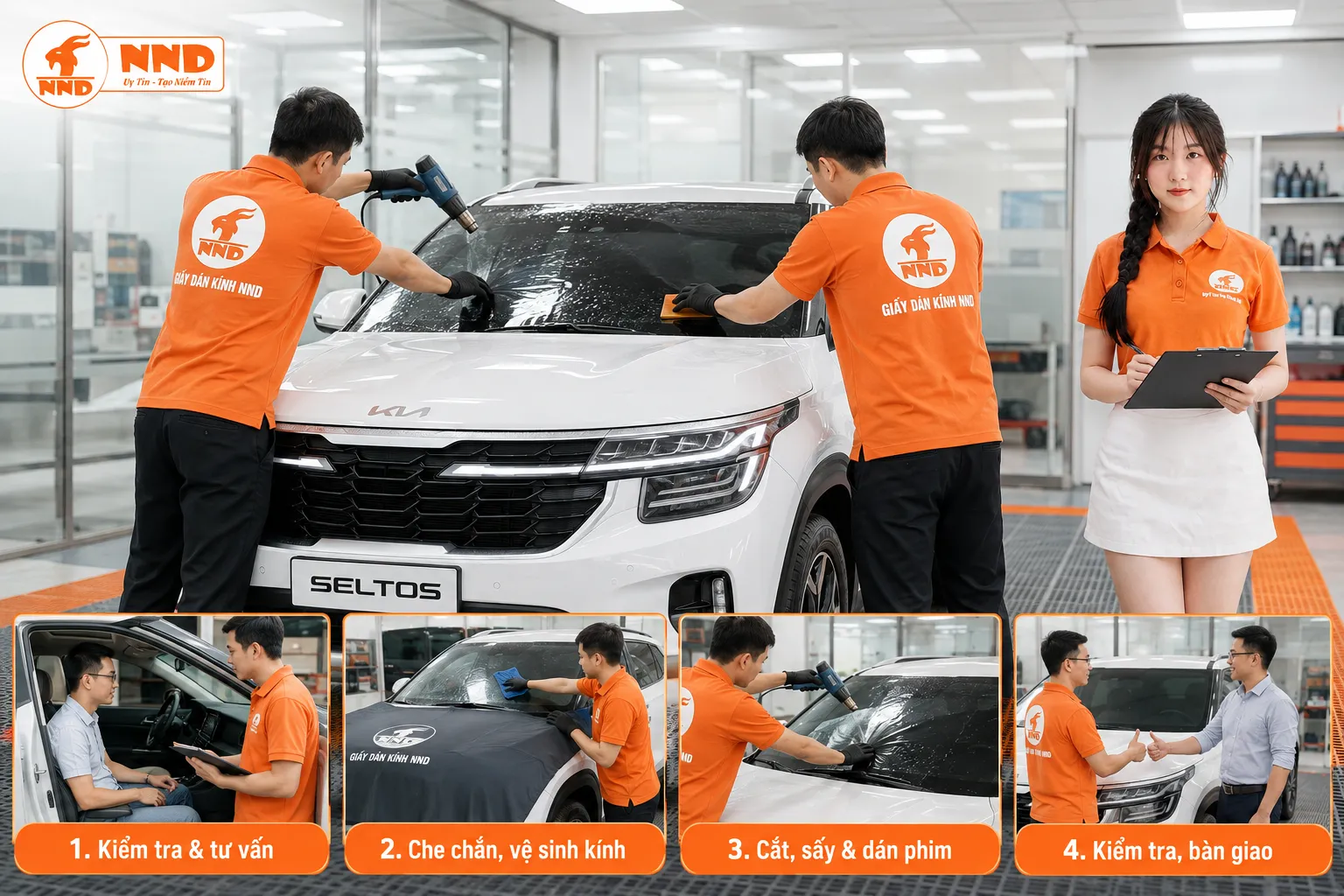 Quy trình dán phim cách nhiệt Kia Seltos tại NND gồm kiểm tra và tư vấn, che chắn vệ sinh kính, cắt sấy dán phim, sau đó kiểm tra và bàn giao xe.