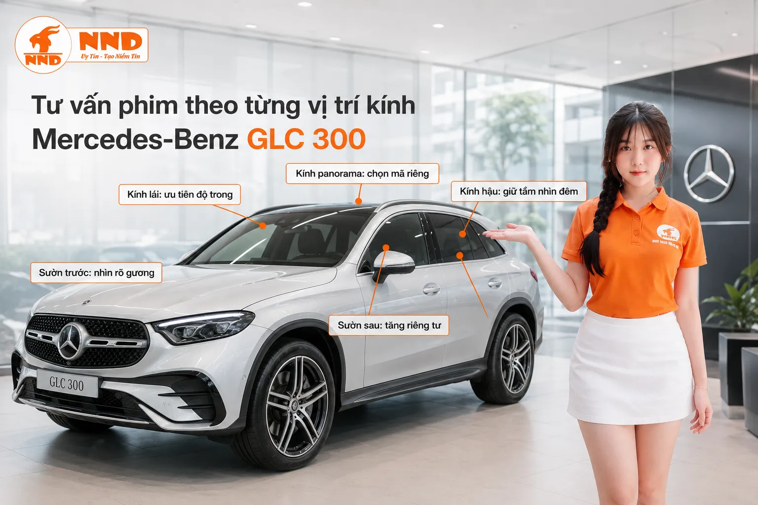 Phim cách nhiệt Mercedes-Benz GLC 300 cần phối riêng cho kính lái, sườn trước, kính phía sau, kính hậu và kính panorama để cân bằng độ trong với khả năng chống nóng.
