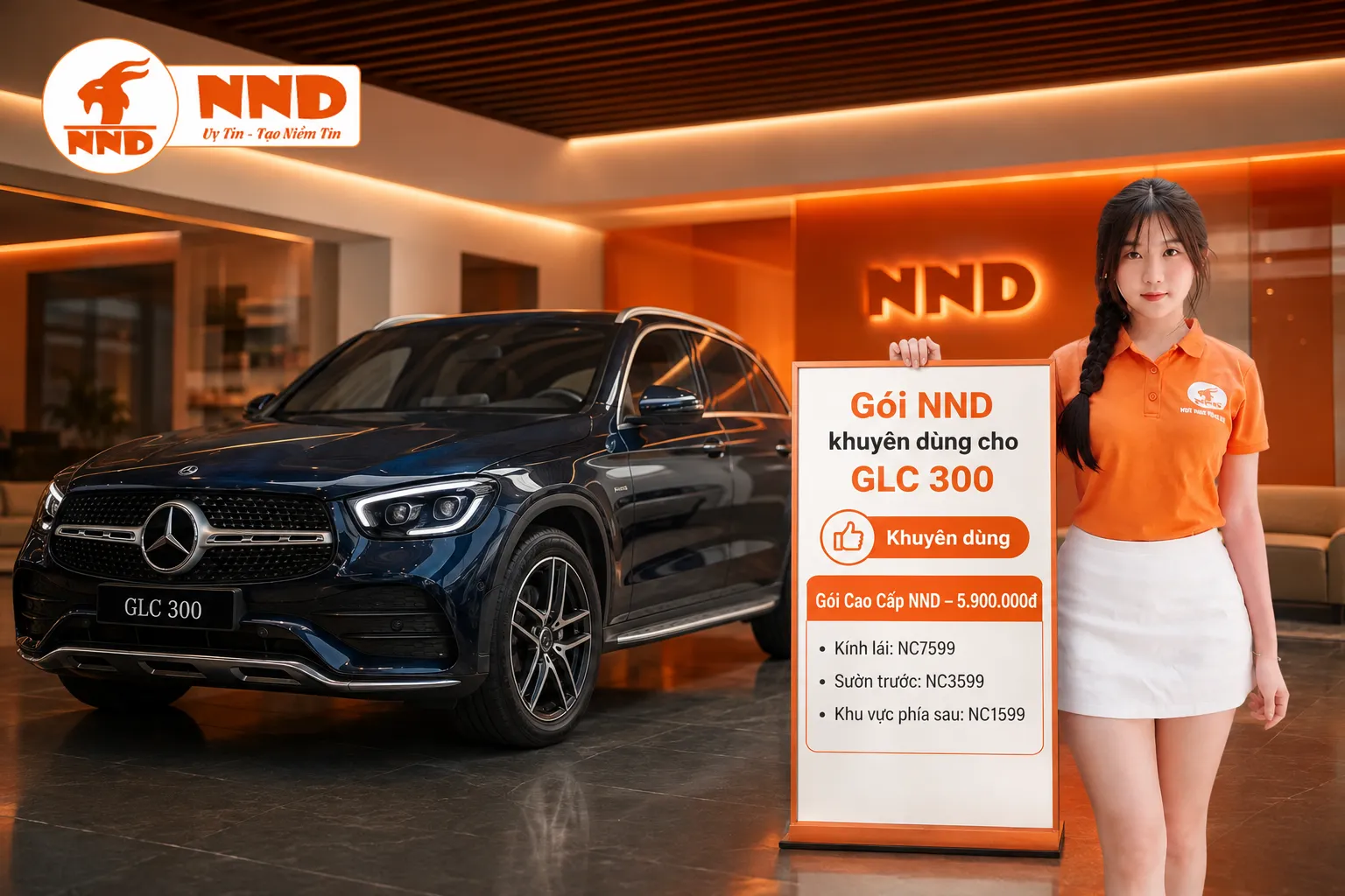 Phim cách nhiệt Mercedes-Benz GLC 300 với gói Cao Cấp NND 5.900.000đ sử dụng NC7599 cho kính lái, NC3599 ở sườn trước và NC1599 cho khu vực phía sau.