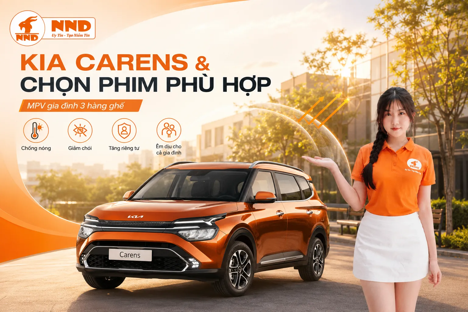 Phim cách nhiệt Kia Carens giúp chống nóng, giảm chói, tăng riêng tư và tạo không gian dễ chịu cho gia đình trên mẫu MPV 3 hàng ghế.