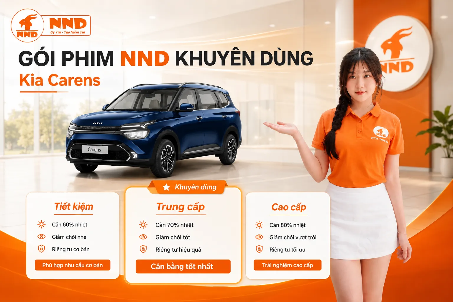 Ba gói phim cách nhiệt Kia Carens gồm tiết kiệm, trung cấp và cao cấp, phù hợp với từng nhu cầu sử dụng và mức ngân sách.