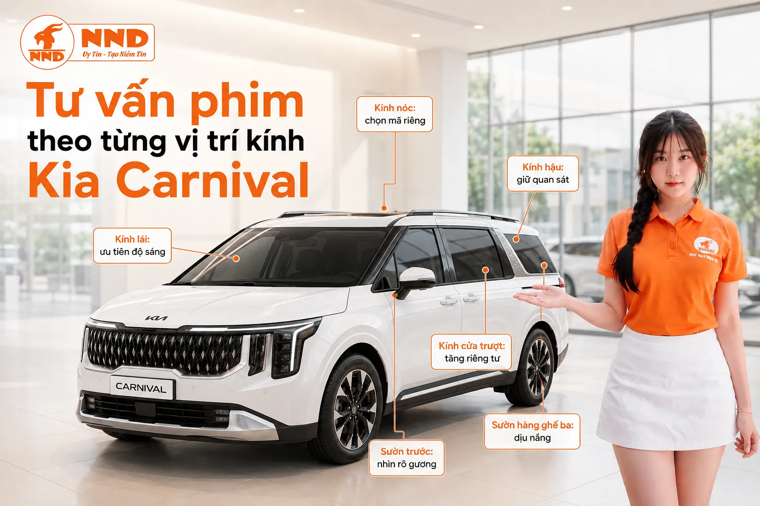 Phim cách nhiệt Kia Carnival cần phối riêng cho kính lái, sườn trước, cửa trượt, hàng ghế thứ ba, kính hậu và kính nóc để đảm bảo tầm nhìn và sự riêng tư.