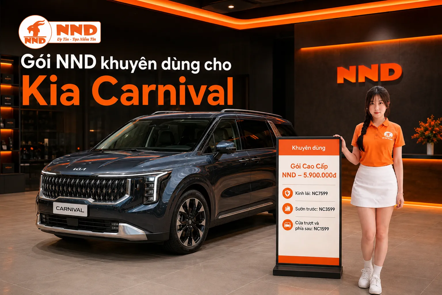 Phim cách nhiệt Kia Carnival với gói Cao Cấp NND 5.900.000đ sử dụng NC7599 cho kính lái, NC3599 ở sườn trước và NC1599 cho cửa trượt cùng khu vực phía sau.