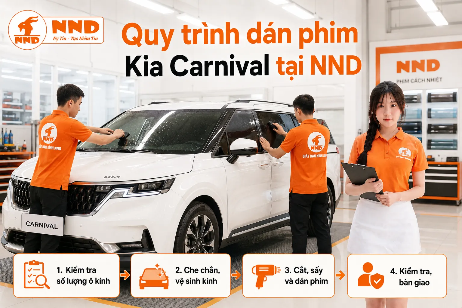 Quy trình dán phim cách nhiệt Kia Carnival tại NND gồm kiểm tra số lượng ô kính, che chắn vệ sinh, cắt sấy thi công từng vị trí, kiểm tra và bàn giao xe.