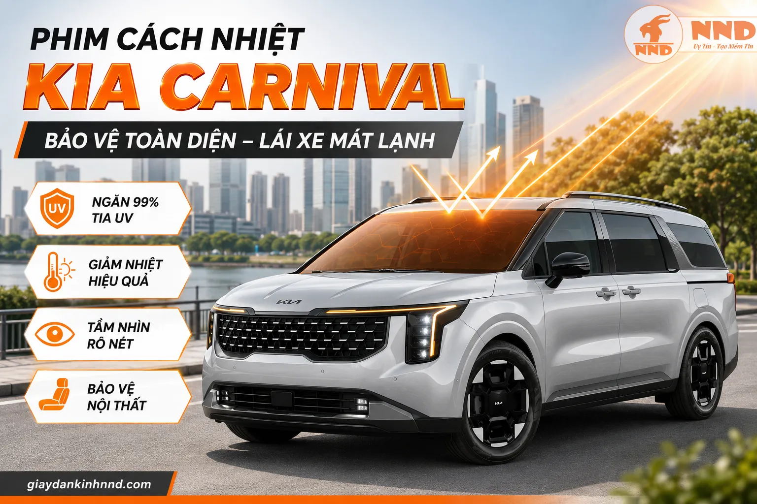 Phim cách nhiệt Kia Carnival giúp giảm nhiệt trên diện tích kính lớn, bảo vệ hành khách và duy trì không gian nội thất mát mẻ.