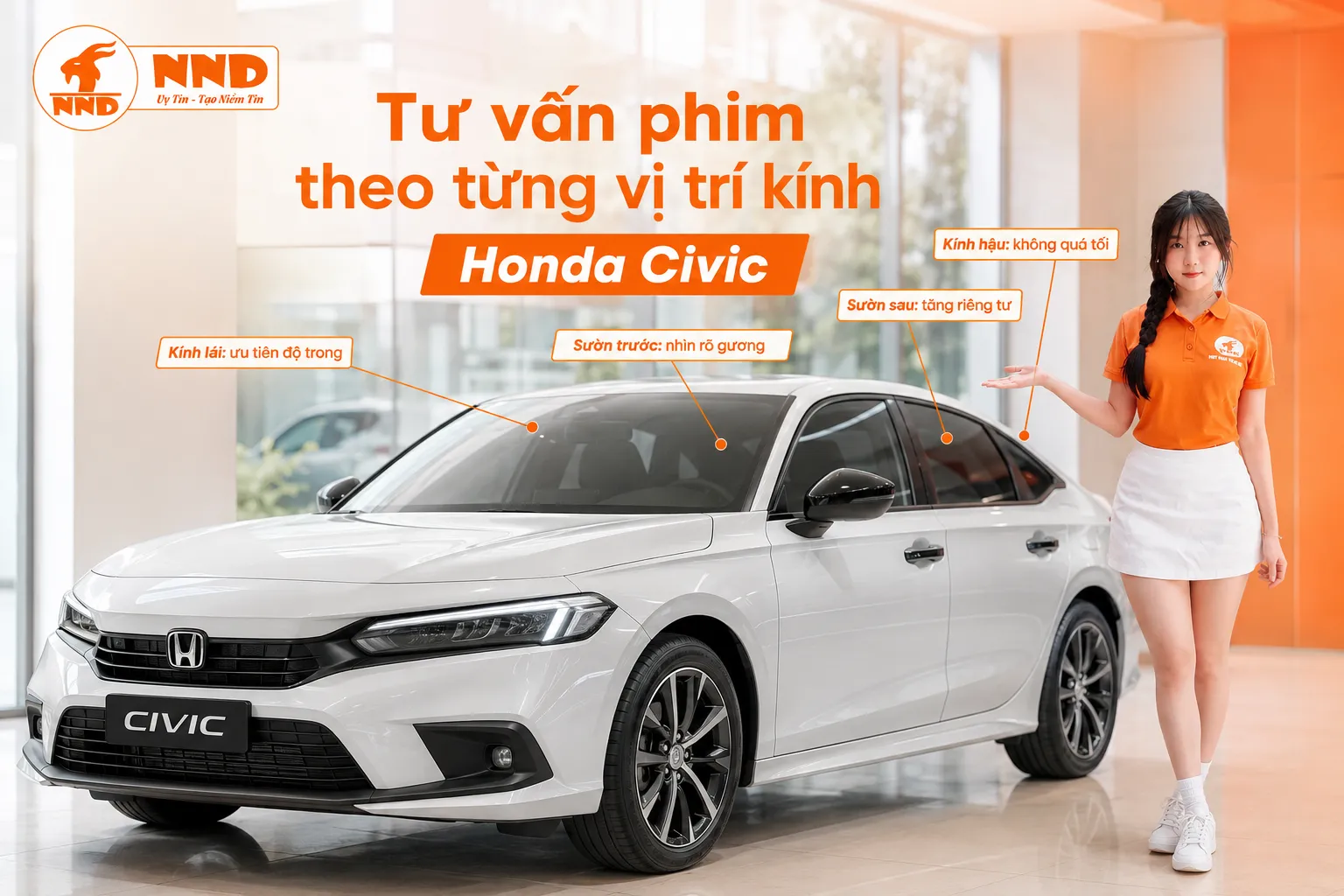 Phim cách nhiệt Honda Civic nên dùng kính lái sáng rõ, kính sườn trước dễ quan sát gương, còn kính sườn sau và kính hậu được phối tối vừa phải để tăng riêng tư.