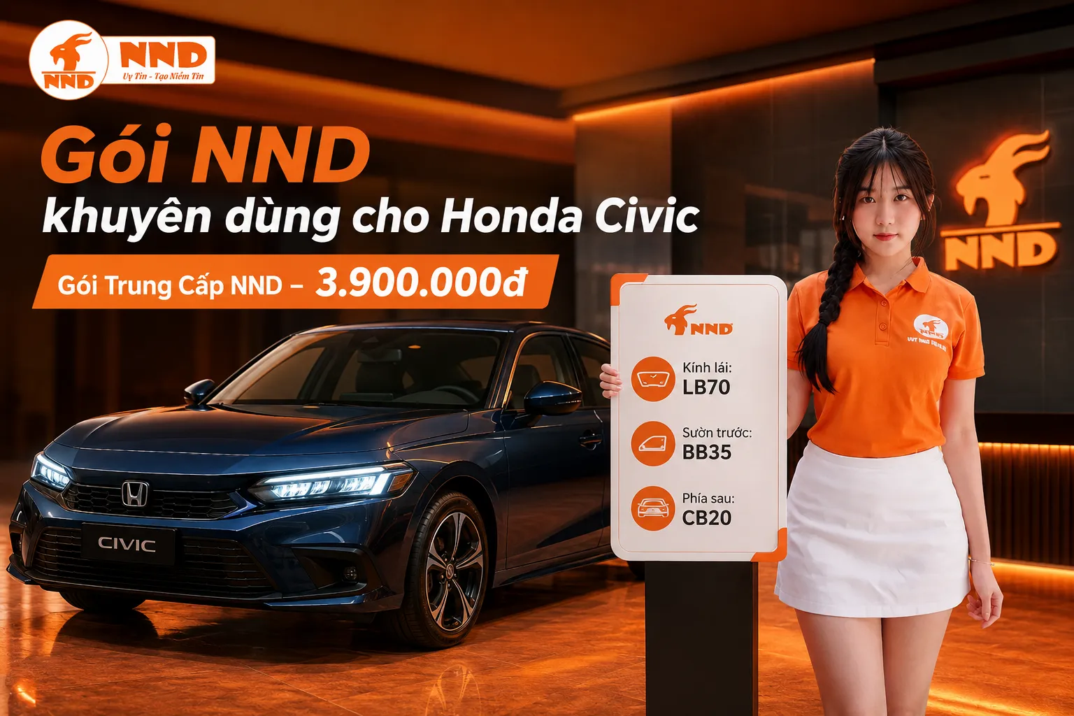 Phim cách nhiệt Honda Civic với gói Trung Cấp NND 3.900.000đ sử dụng LB70 cho kính lái, BB35 tại sườn trước và CB20 cho khu vực phía sau.