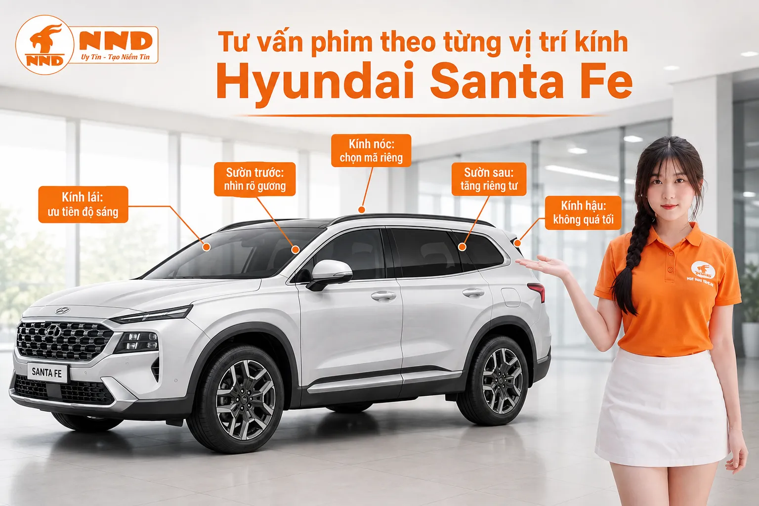 Phim cách nhiệt Hyundai Santa Fe nên ưu tiên kính lái sáng, sườn trước nhìn rõ gương, khu vực phía sau tăng riêng tư, kính hậu không quá tối và kính nóc dùng mã riêng.
