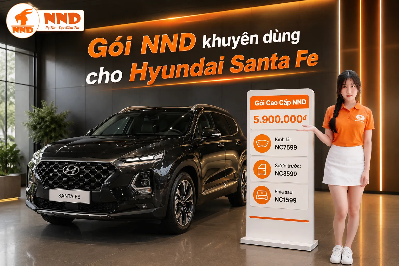 Phim cách nhiệt Hyundai Santa Fe với gói Cao Cấp NND 5.900.000đ sử dụng NC7599 cho kính lái, NC3599 ở sườn trước và NC1599 cho khu vực phía sau.