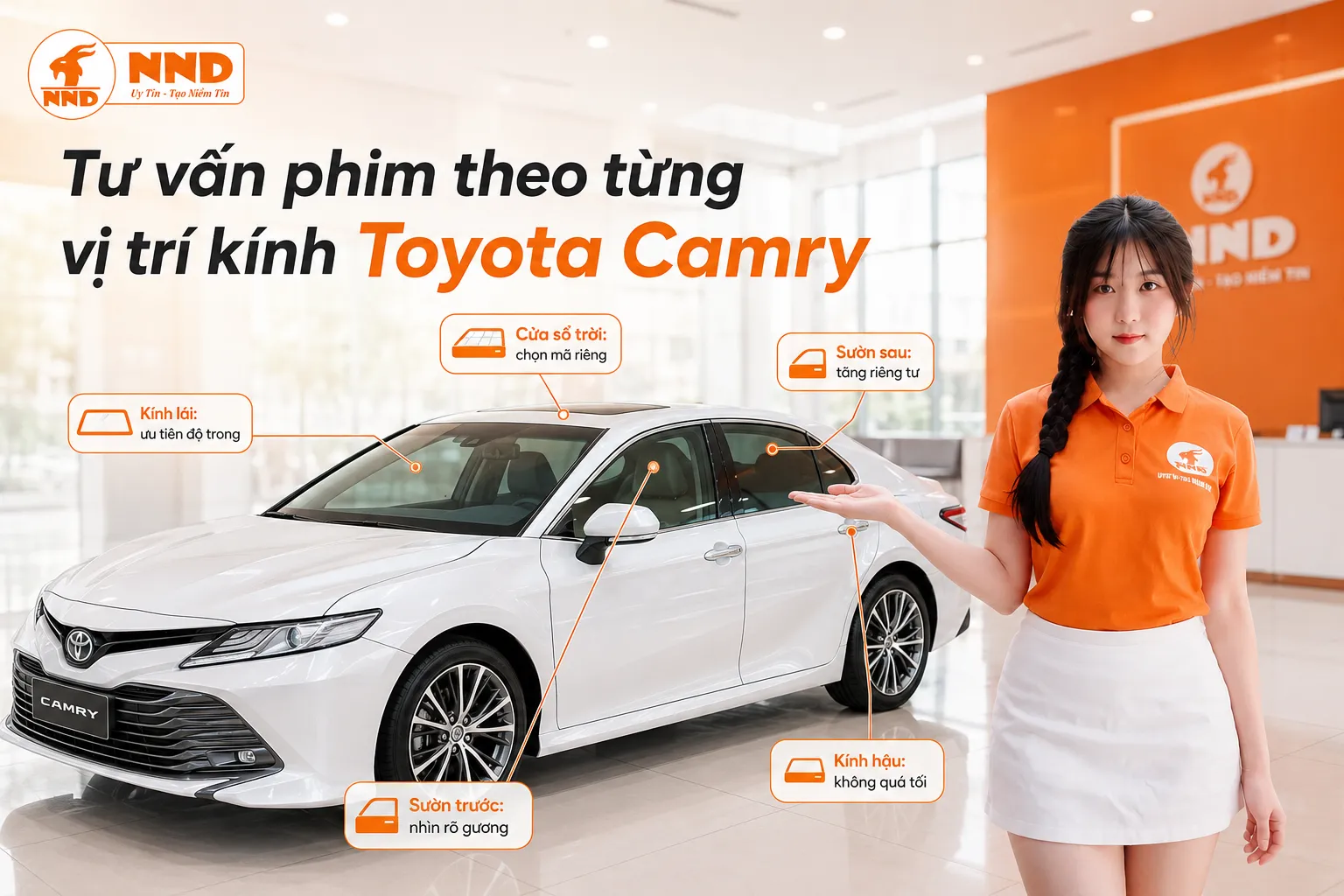 Phim cách nhiệt Toyota Camry nên phối kính lái sáng rõ, sườn trước dễ nhìn gương, khu vực phía sau tăng riêng tư và kính hậu không gây khó khăn khi lái ban đêm.