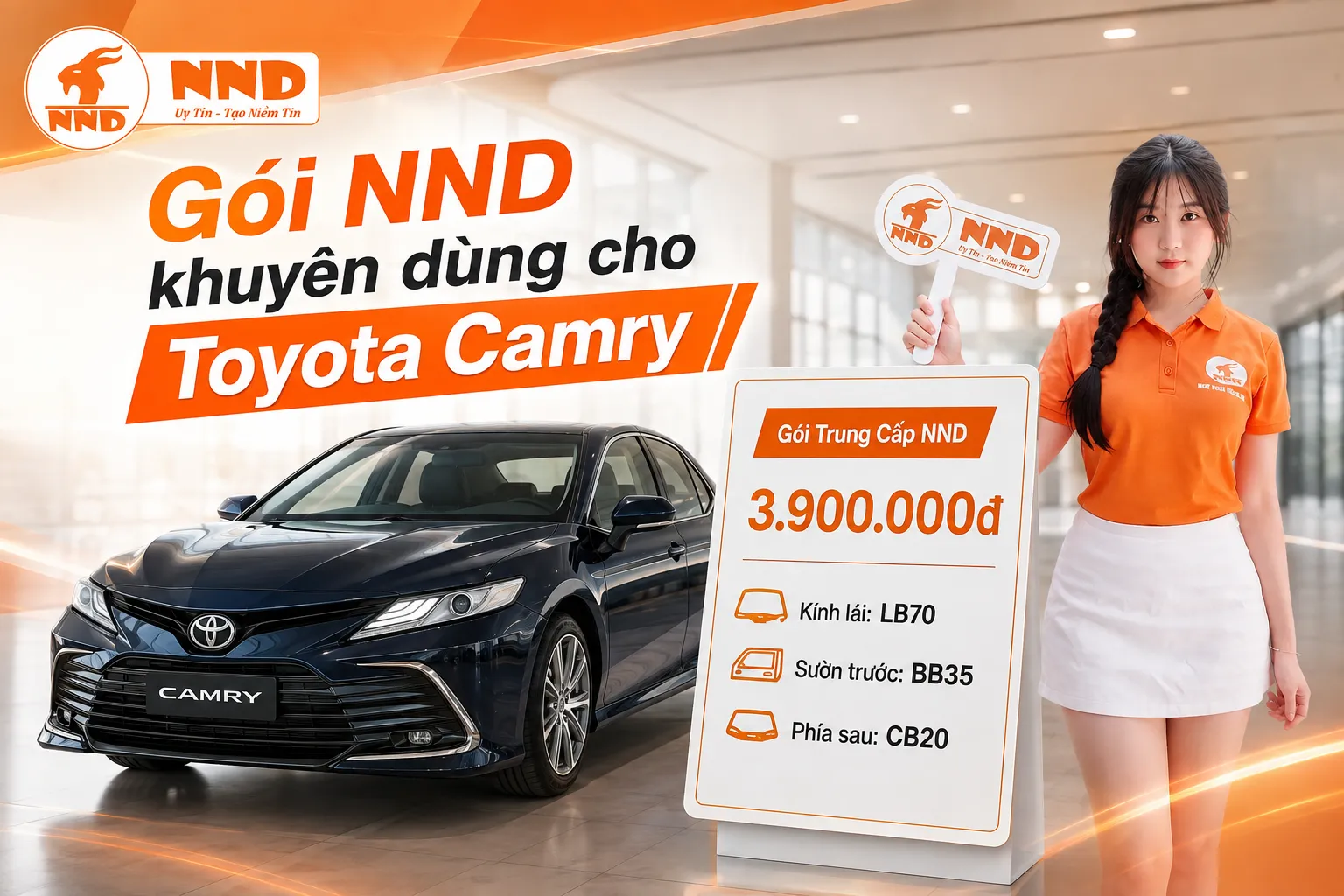 Phim cách nhiệt Toyota Camry với gói Trung Cấp NND 3.900.000đ sử dụng LB70 cho kính lái, BB35 tại sườn trước và CB20 cho khu vực phía sau.